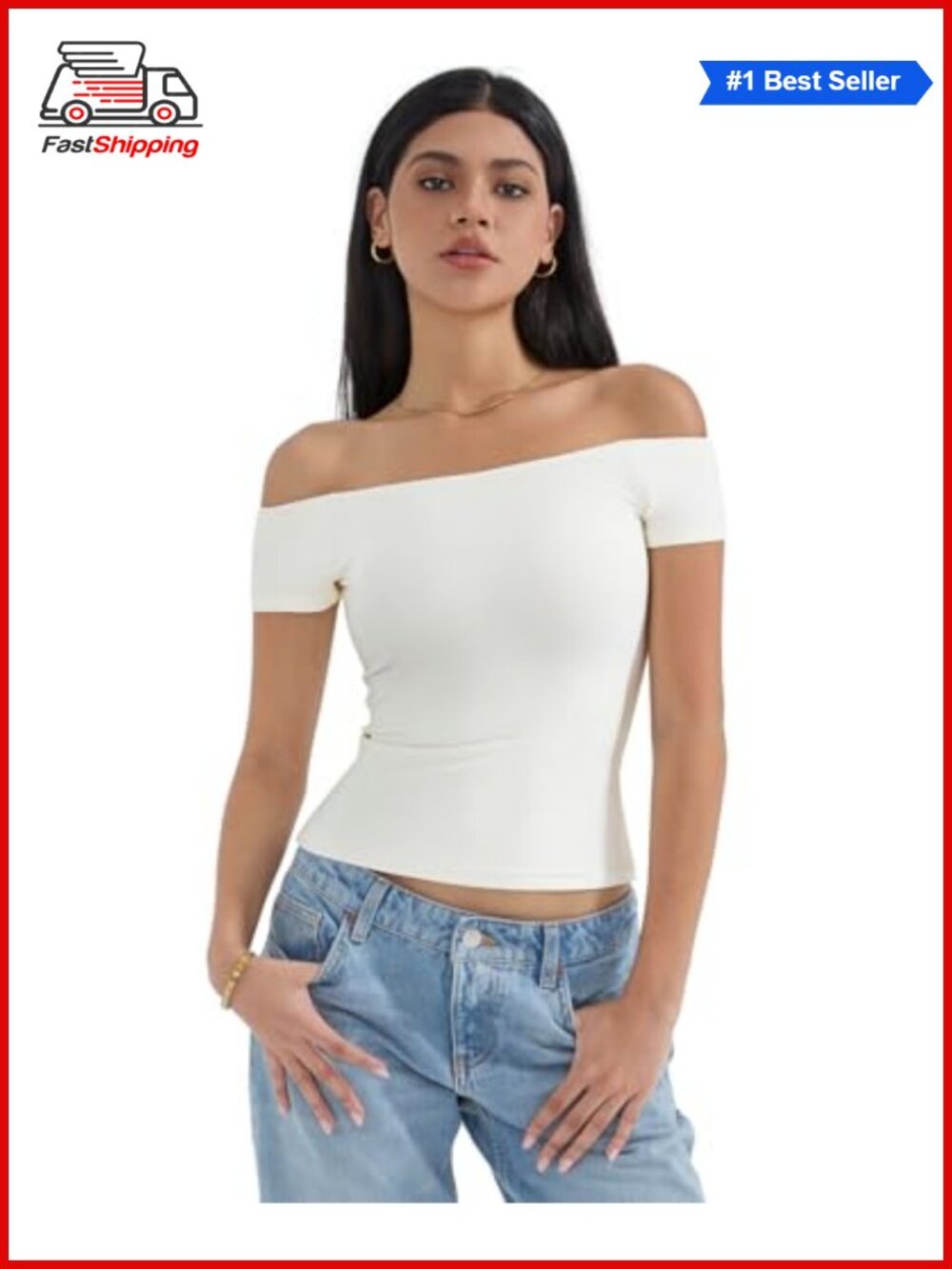 Women's Off Shoulder Fitted Short Sleeve Crop Top Double Lined Basic